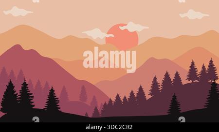 Tramonto con paesaggio Montagne Marrone arancione colore con silhouette alberi di pino. Illustrazione vettoriale Illustrazione Vettoriale