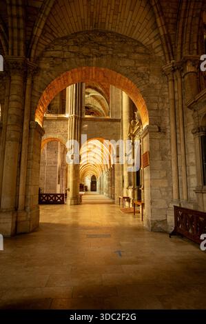 Vista interna di un passaggio a volta a costola nella basilica di Saint-Remi, incorniciato da un grande arco, con archi gotici, costole in pietra e sinuosi medievali Foto Stock
