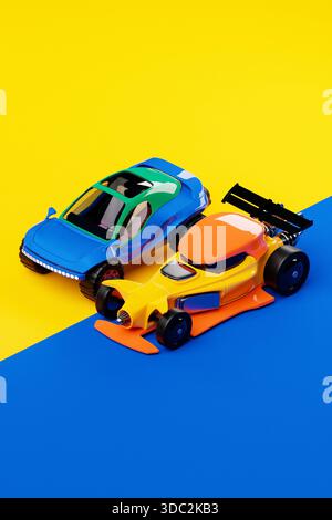 Illustrazione 3D con un SUV luminoso in stile Biggie e un'auto sportiva anni '80, entrambi su uno sfondo luminoso e colorato, per catturare immagini Foto Stock