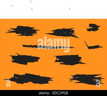 Pennelli su sfondo arancione.tratti di pennello grunge inchiostro nero.Set di pennelli.Grunge. Illustrazione Vettoriale