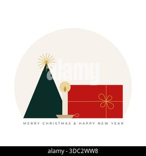 Biglietto d'auguri natalizio con elementi geometrici. Per invito, poster, pubblicità. Illustrazione vettoriale, design piatto Illustrazione Vettoriale