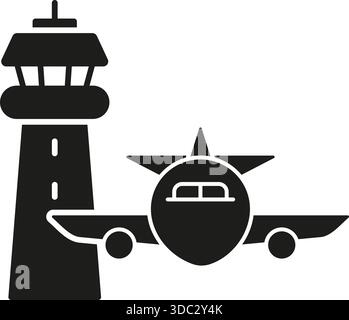 Torre di controllo aeroportuale con icona Airplane Solid. Simbolo di sagoma per aviazione, monitoraggio dei voli e gestione del traffico aereo. Infrastruttura aeronautica Illustrazione Vettoriale