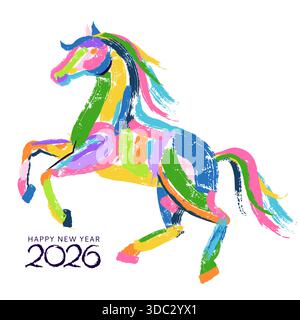 Vettoriale colorato acquerello al galoppo, simbolo del capodanno 2026 dipinto a mano. Elemento di design con stampa animalistica natalizia per poster e grigliate Illustrazione Vettoriale