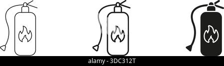 Estintore con linea di fiamma e set di icone continue. Descrizione e simbolo della silhouette delle apparecchiature antincendio, di risposta alle emergenze e di sicurezza antincendio Illustrazione Vettoriale