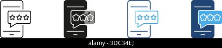 Smartphone con linea a bolla vocale con classificazione a stelle e set di icone fisse. Feedback del cliente, revisione e valutazione del profilo del sistema e simbolo della silhouette Illustrazione Vettoriale