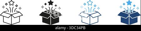 Apri Box con linea stelle e insieme di icone continue. Surprise, Creativity, and Innovation Outline and silhouette Symbol Collection. Festeggiamenti e scoperte Illustrazione Vettoriale