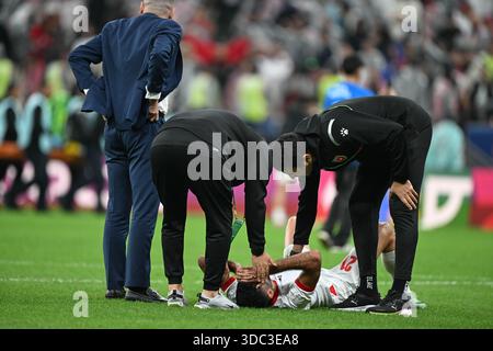 Doha, Qatar. 18 dicembre 2025: Giocatori di calcio di Marocco e Giordania in azione allo stadio Lusail durante le finali di Coppa Araba a Doha, Qatar, il 18 dicembre 2025.Credit:Ranjith Kumar/Alamy notizie dal vivo Foto Stock