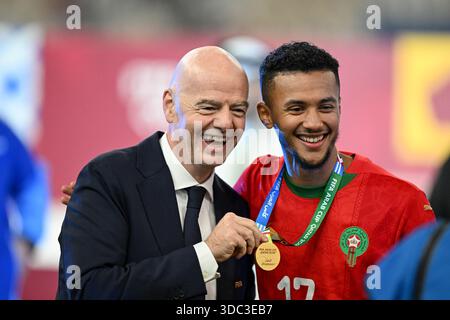 Doha, Qatar. 18 dicembre 2025: Giocatori di calcio di Marocco e Giordania in azione allo stadio Lusail durante le finali di Coppa Araba a Doha, Qatar, il 18 dicembre 2025.Credit:Ranjith Kumar/Alamy notizie dal vivo Foto Stock