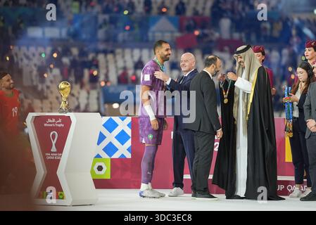 Doha, Qatar. 18 dicembre 2025: Giocatori di calcio di Marocco e Giordania in azione allo stadio Lusail durante le finali di Coppa Araba a Doha, Qatar, il 18 dicembre 2025.Credit:Ranjith Kumar/Alamy notizie dal vivo Foto Stock
