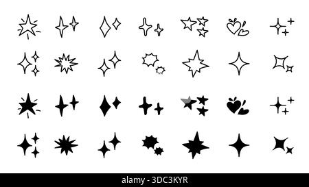 Ampia raccolta di elementi vettoriali disegnati a mano con varie forme di stelle, scintille, scintille e burst.illustrazione vettoriale Illustrazione Vettoriale