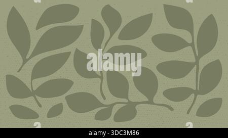 Sfondo o motivo astratto moderno con silhouette di varie foglie e rami verdi in un delicato colore verde salvia. Illustrazione Vettoriale