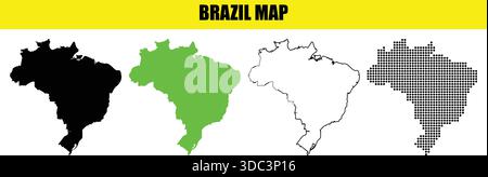 Collezione di grafici delle mappe del brasile con contorno nero pieno rappresentazioni verde e tratteggiate su sfondo bianco con testo del titolo Illustrazione Vettoriale