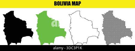 La mappa Bolivia delinea l'illustrazione grafica in quattro stili diversi, tra cui la forma piena di nero pieno la forma riempita di verde e la versione tratteggiata con pixel W. Illustrazione Vettoriale