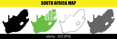 Mappa del Sudafrica, quattro diverse illustrazioni di stile in nero, verde, contorno e mezzitoni su sfondo bianco Illustrazione Vettoriale