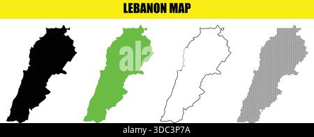 Mappa vettoriale del Libano presentata come una serie di stili, tra cui una silhouette solida, una forma colorata, un contorno pulito e una versione tratteggiata a mezzitoni. Isolato su Illustrazione Vettoriale