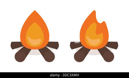 Clipart piatto Doodle. Una serie di falò bruciati per rilassarsi la sera al campeggio. Illustrazione Vettoriale