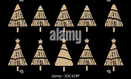 Disegni di alberi di Natale in oro stilizzati con testo di buon Natale. Illustrazione vettoriale Illustrazione Vettoriale