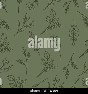 Elegante motivo vettoriale senza cuciture con linee botaniche disegnate a mano e steli floreali su sfondo verde oliva. Illustrazione Vettoriale