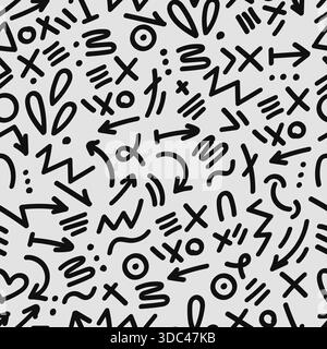 Elegante motivo vettoriale monocromatico in stile Memphis con frecce disegnate a mano, zigzag e scarabocchi astratti. Illustrazione Vettoriale