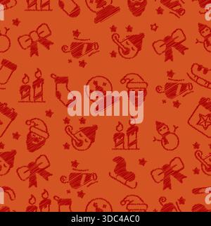 Icone rosse Grunge Scribble con motivo senza cuciture sfondo arancione. Illustrazione vettoriale Illustrazione Vettoriale