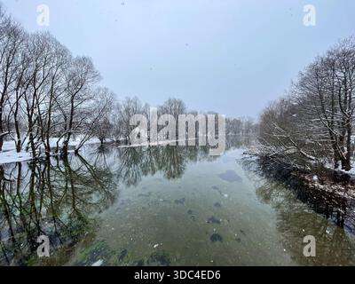 Vista panoramica del fiume e della foresta d'inverno allagati. Foto di alta qualità Foto Stock