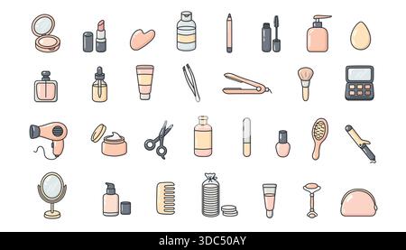 Set di 30 icone pastello di bellezza doodle in uno stile illustrato pulito. Include trucco, prodotti per la cura della pelle e articoli per la cura personale. Perfetto per il Web, le app e i social media Illustrazione Vettoriale
