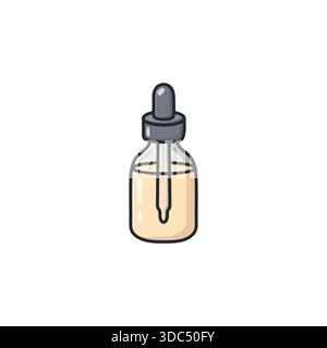 Icona vettoriale del siero con faccia a doodle pastello in uno stile illustrato pulito. Bottiglia contagocce simbolo di bellezza, trattamento cosmetico e benessere Illustrazione Vettoriale