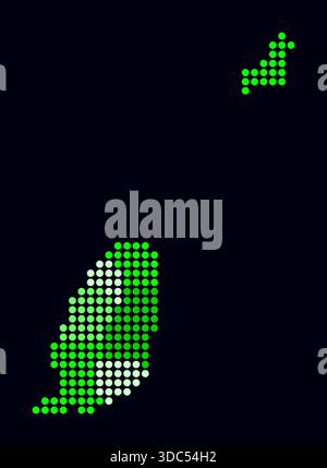 Mappa punteggiata di Grenada. Mappa digitale del paese su sfondo scuro. Forma di Grenada con punti circolari. Stile puntini colorati. Cerchi di grandi dimensioni. Stile Illustrazione Vettoriale