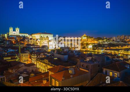 Cattedrale di Porto e Ponte Luis i a Porto, Portogallo di notte Foto Stock