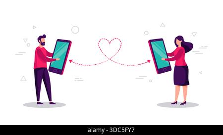 Un uomo e una donna che tengono in mano grandi telefoni cellulari, rappresentano l'amore digitale, le relazioni virtuali e la connessione ai social media in uno stile piatto. Illustrazione Vettoriale