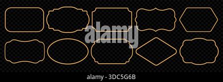 Cornici 3d in metallo dorato su sfondo nero. Lussuosi bordi orientali ornati d'oro. Forme vettoriali ornamentali e geometriche per foto e dipinti Illustrazione Vettoriale