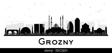 Profilo dello skyline della città di Grozny Russia con edifici neri isolati sul bianco. Illustrazione vettoriale. Paesaggio urbano di Grozny con monumenti storici. Illustrazione Vettoriale