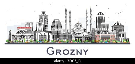 Skyline della città di Grozny Russia con edifici colorati isolati sul bianco. Illustrazione vettoriale. Paesaggio urbano di Grozny con monumenti storici. Illustrazione Vettoriale