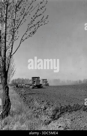 Regione di Donetsk, RSS Ucraina, URSS, metà degli anni '1970 Foto d'archivio industriale in bianco e nero di coltivazione di terreni pesanti. Due trattori caterpillar sovietici (tipo T-74 o DT-75) tirano erpici a disco in un vasto campo agricolo collettivo. Le macchine si spostano in tandem, accumulando polvere e girando grandi strati di terra. I giovani alberi sono in primo piano. Un potente scenario di aratura primaverile e meccanizzazione agricola nella steppa. Autentica fotografia cinematografica d'epoca. Foto Stock