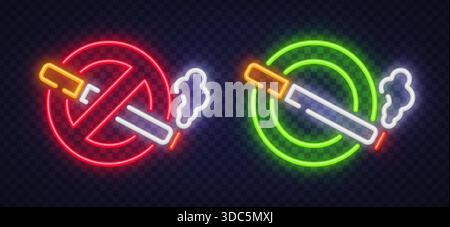 Icone vettoriali al neon che mostrano simboli che non sono ammessi fumare e fumare con sigaretta e fumo accesi. Perfetto per cartelli pubblici, interni di club e caffetterie Illustrazione Vettoriale