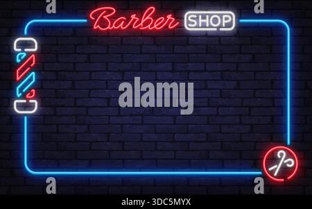 Elegante cornice vettoriale al neon con insegna del barbiere, asta e icona a forbice. Perfetto per i saloni di cura del corpo, il classico marchio del barbiere e gli annunci urbani. Illustrazione Vettoriale