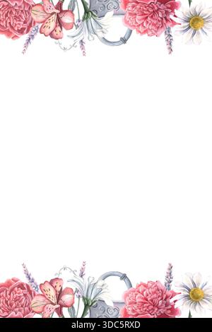 Cornice verticale, peonie, crisantemi, alstroemeria, lavanda, serratura metallica. Illustrazione ad acquerello dipinta a mano isolata su bianco per inviti Foto Stock