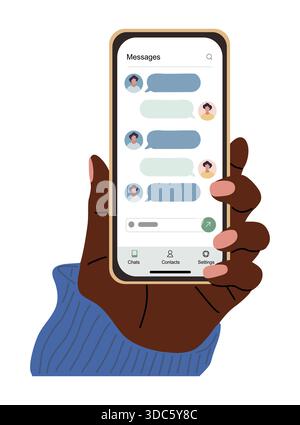 Mano con pelle scura che tiene in mano uno smartphone Illustrazione Vettoriale