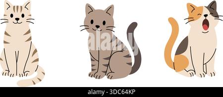 Set di tre gatti cartoni animati seduti e sbadiglianti. Illustrazioni vettoriali piatte di graziosi felini a righe e calico Illustrazione Vettoriale