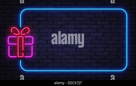 Luminosa cornice vettoriale al neon con simbolo della confezione regalo e nastro luminoso. Perfetto per offerte di vacanza, offerte speciali e layout a tema per festeggiamenti. Illustrazione Vettoriale