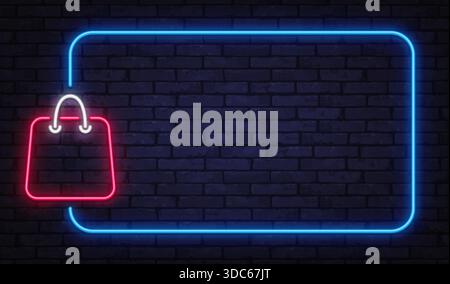 Pulire il telaio vettoriale al neon con l'icona della shopping bag su sfondo mattone scuro. Ideale per promozioni al dettaglio, banner per negozi online e design di vendita moderno. Illustrazione Vettoriale
