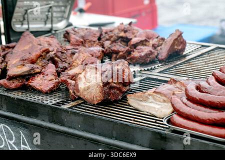 Succose pezzi di carne alla griglia e salsicce cucinate su grill in metallo. Vari tagli di carne di manzo e maiale al barbecue. Cucina all'aperto, picnic estivo. Foto Stock