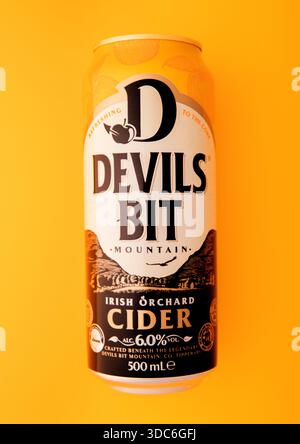 LONDRA, Regno Unito - 12 DICEMBRE 2025: Sidro di frutteto irlandese Devil's bit su giallo. Foto Stock