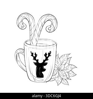 Tazza con Candy Canes e Reindeer Design in stile festivo invernale con piante di stagione e vibrazioni accoglienti Illustrazione Vettoriale