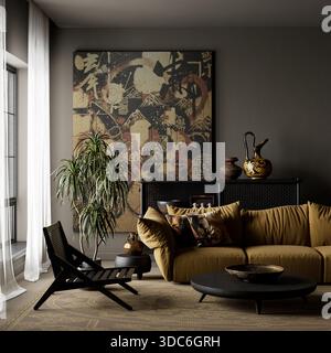 Tavolozze terrose e ombre drammatiche danno forma a questo audace interno japandi scuro e densa, unendo texture organiche e moderni mobili minimali in un raffinato ambiente Foto Stock