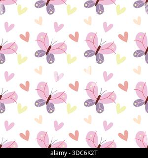 Simpatico motivo a farfalla senza cuciture con cuori in colori pastello Illustrazione Vettoriale