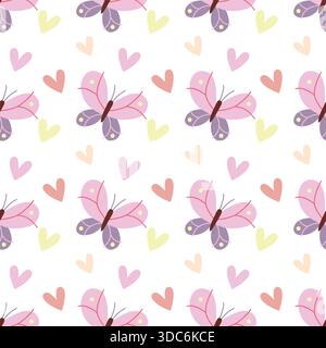 Simpatico motivo a farfalla senza cuciture con cuori in colori pastello Illustrazione Vettoriale