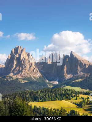 Maestosa veduta verticale del massiccio del Sassolungo (Langkofel) che si innalza sopra i prati alpini dell'Alpe di Siusi, Alpe di Siusi. Un paesaggio di fine estate in t Foto Stock