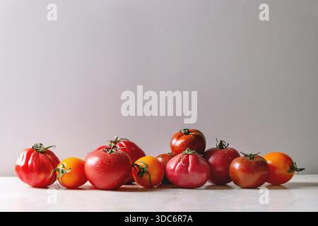 Varietà di freschi maturi Giardinaggio organico pomodori diversi tipi e colori con acqua posto su marmo bianco tabella con uno sfondo grigio. Spazio di copia Foto Stock