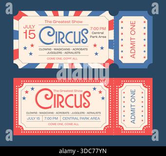 Biglietti per eventi da circo retrò dal design vintage. Fantastici modelli per spettacoli, inviti o promozioni. Illustrazione vettoriale Illustrazione Vettoriale